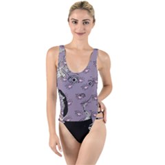 Wide Eyed Girl Grey Lilac High Leg Strappy Swimsuit by snowwhitegirl