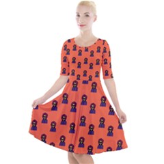 Nerdy 60s  Girl Pattern Orange Quarter Sleeve A-line Dress by snowwhitegirl