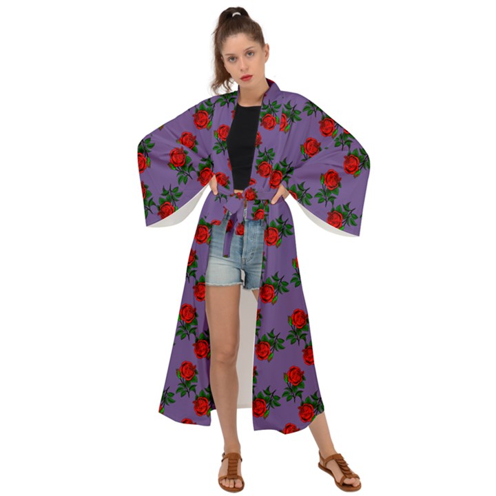 Red Roses Purple Vintage Maxi Kimono