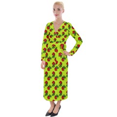 Red Roses Lime Green Velvet Maxi Wrap Dress by snowwhitegirl