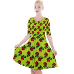 Red Roses Lime Green Quarter Sleeve A-line Dress by snowwhitegirl