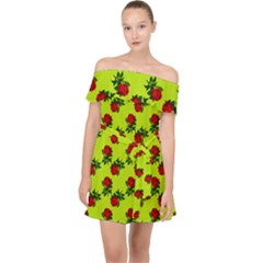 Red Roses Lime Green Off Shoulder Chiffon Dress by snowwhitegirl