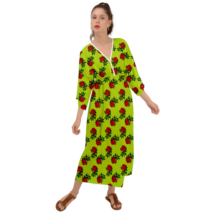 Red Roses Lime Green Grecian Style  Maxi Dress