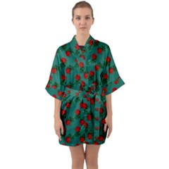 Red Roses Teal Green Half Sleeve Satin Kimono  by snowwhitegirl