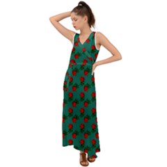 Red Roses Teal Green V-neck Chiffon Maxi Dress by snowwhitegirl