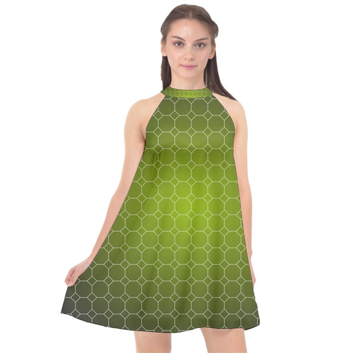 Hexagon Background Plaid Halter Neckline Chiffon Dress 