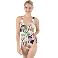 Corgis Pattern High Leg Strappy Swimsuit by Sudhe