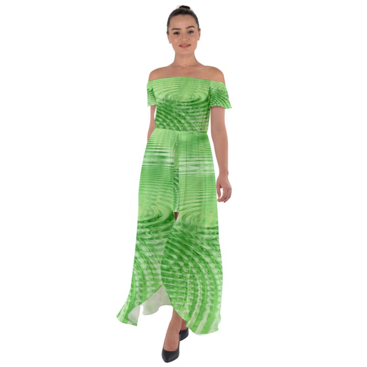 Wave Concentric Circle Green Off Shoulder Open Front Chiffon Dress