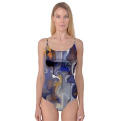 Cobalt Blue Silver Orange Wavy Lines Abstract Camisole Leotard  by CrypticFragmentsDesign