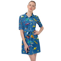 Space Rocket Solar System Pattern Belted Shirt Dress by Vaneshart