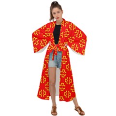 Red Background Yellow Shapes Maxi Kimono by Simbadda