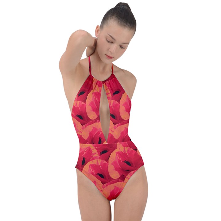 Poppies  Plunge Cut Halter Swimsuit