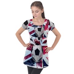 Soccer Ball With Great Britain Flag Puff Sleeve Tunic Top by Vaneshart