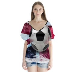 Soccer Ball With Great Britain Flag V-neck Flutter Sleeve Top by Vaneshart