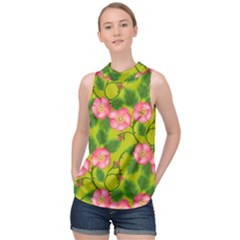 Roses Flowers Pattern High Neck Satin Top by Vaneshart