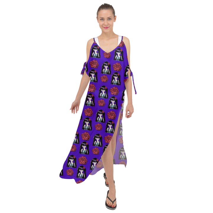 Girl Flower Pattern Royal Blue Maxi Chiffon Cover Up Dress