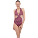 Retro Girl Daisy Chain Pattern Pink Halter Front Plunge Swimsuit View1