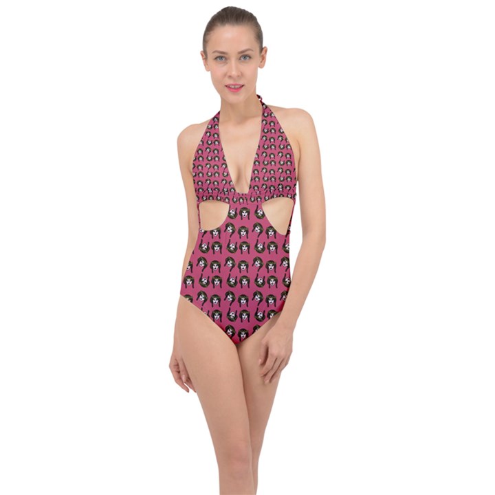 Retro Girl Daisy Chain Pattern Pink Halter Front Plunge Swimsuit