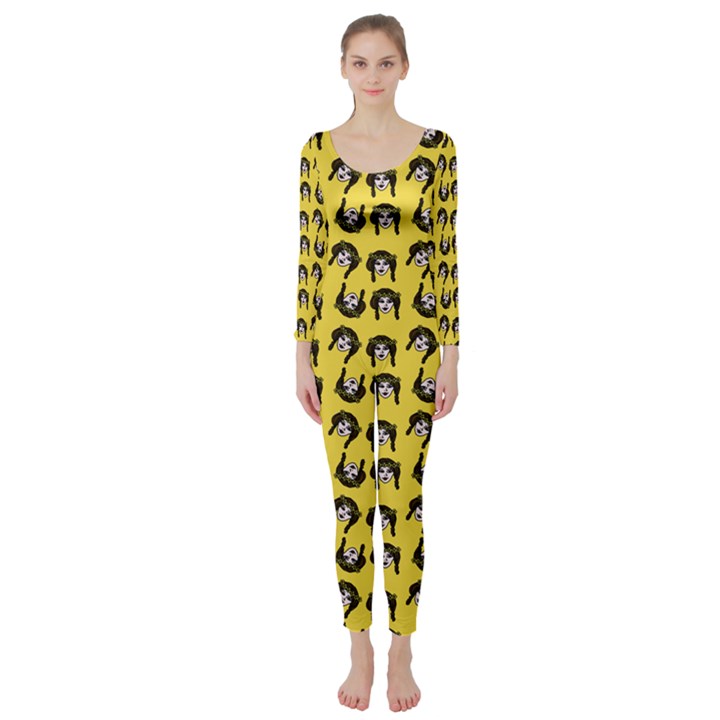 Retro Girl Daisy Chain Pattern Yellow Long Sleeve Catsuit