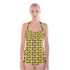 Retro Girl Daisy Chain Pattern Yellow Boyleg Halter Swimsuit  by snowwhitegirl