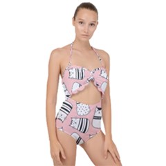 Cute Cats Cartoon Seamless Pattern Scallop Top Cut Out Swimsuit by Vaneshart