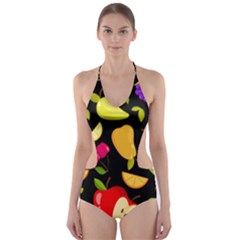 Vector Seamless Summer Fruits Pattern Black Background Cut-out One Piece Swimsuit by Vaneshart