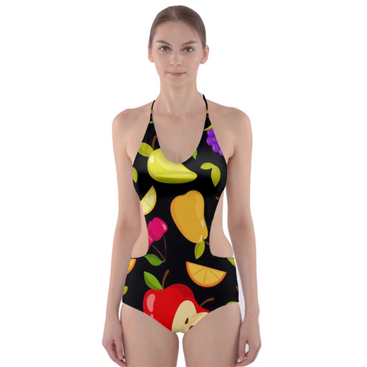 Vector Seamless Summer Fruits Pattern Black Background Cut-Out One Piece Swimsuit