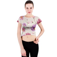 Vector Hand Drawn Cosmos Flower Pattern Crew Neck Crop Top by Sobalvarro