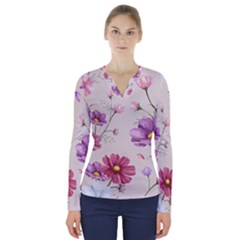 Vector Hand Drawn Cosmos Flower Pattern V-neck Long Sleeve Top by Sobalvarro