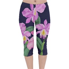 Vector Hand Drawn Orchid Flower Pattern Velvet Capri Leggings  by Sobalvarro