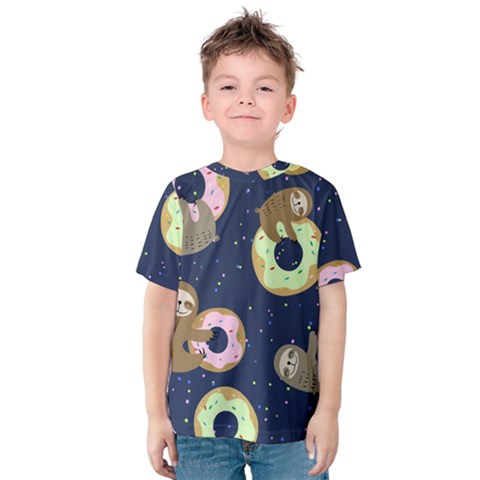 Cute Sloth With Sweet Doughnuts Kids  Cotton Tee by Sobalvarro