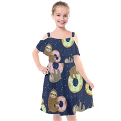 Cute Sloth With Sweet Doughnuts Kids  Cut Out Shoulders Chiffon Dress by Sobalvarro