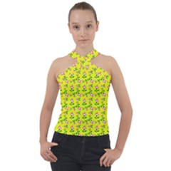 Carnation Pattern Yellow Cross Neck Velour Top by snowwhitegirl