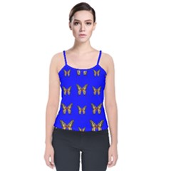 Butterfly Pattern Blue Insects Velvet Spaghetti Strap Top by Vaneshart