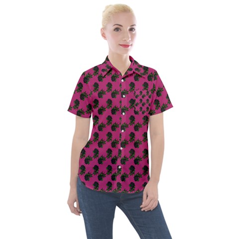 Black Rose Pink Women s Short Sleeve Pocket Shirt by snowwhitegirl