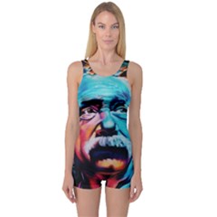 Albert Einstein Retro Wall Graffiti Blue Pink Orange Modern Urban Art Grunge One Piece Boyleg Swimsuit by snek