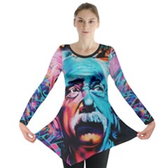 Albert Einstein Retro Wall Graffiti Blue Pink Orange Modern Urban Art Grunge Long Sleeve Tunic  by snek