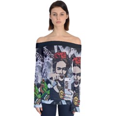 Frida Kahlo Brick Wall Graffiti Urban Art With Grunge Eye And Frog  Off Shoulder Long Sleeve Top by snek