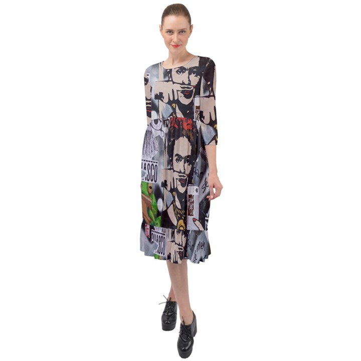 Frida Kahlo brick wall graffiti urban art with grunge eye and frog  Ruffle End Midi Chiffon Dress