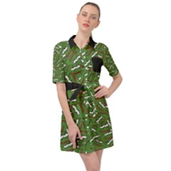 Pepe The Frog Face Pattern Green Kekistan Meme Belted Shirt Dress by snek