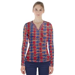 Red Blue And Brown Design V-neck Long Sleeve Top by BePrettily