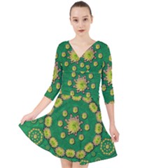 Fauna Bloom Mandalas On Bohemian Green Leaves Quarter Sleeve Front Wrap Dress by pepitasart