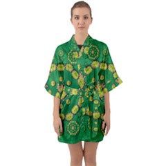 Fauna Bloom Mandalas On Bohemian Green Leaves Half Sleeve Satin Kimono  by pepitasart