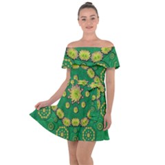 Fauna Bloom Mandalas On Bohemian Green Leaves Off Shoulder Velour Dress by pepitasart