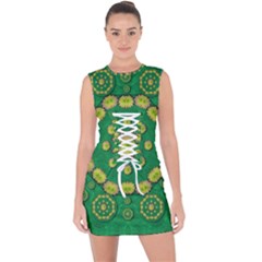 Fauna Bloom Mandalas On Bohemian Green Leaves Lace Up Front Bodycon Dress by pepitasart