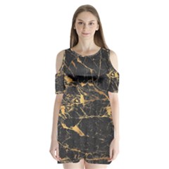 Black Marble Texture With Gold Veins Floor Background Print Luxuous Real Marble Shoulder Cutout Velvet One Piece by genx