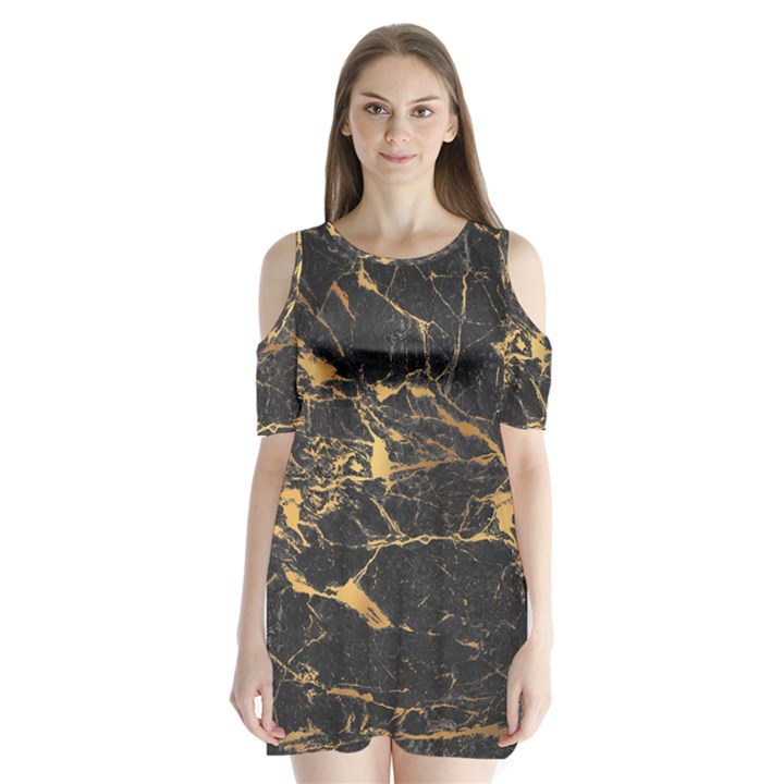 Black Marble texture with gold veins floor background print luxuous real marble Shoulder Cutout Velvet One Piece