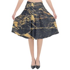 Black Marble Texture With Gold Veins Floor Background Print Luxuous Real Marble Flared Midi Skirt by genx