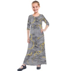 Marble Neon Retro Light Gray With Gold Yellow Veins Texture Floor Background Retro Neon 80s Style Neon Colors Print Luxuous Real Marble Kids  Quarter Sleeve Maxi Dress by genx