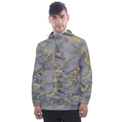 Marble Neon Retro Light Gray With Gold Yellow Veins Texture Floor Background Retro Neon 80s Style Neon Colors Print Luxuous Real Marble Men s Front Pocket Pullover Windbreaker by genx